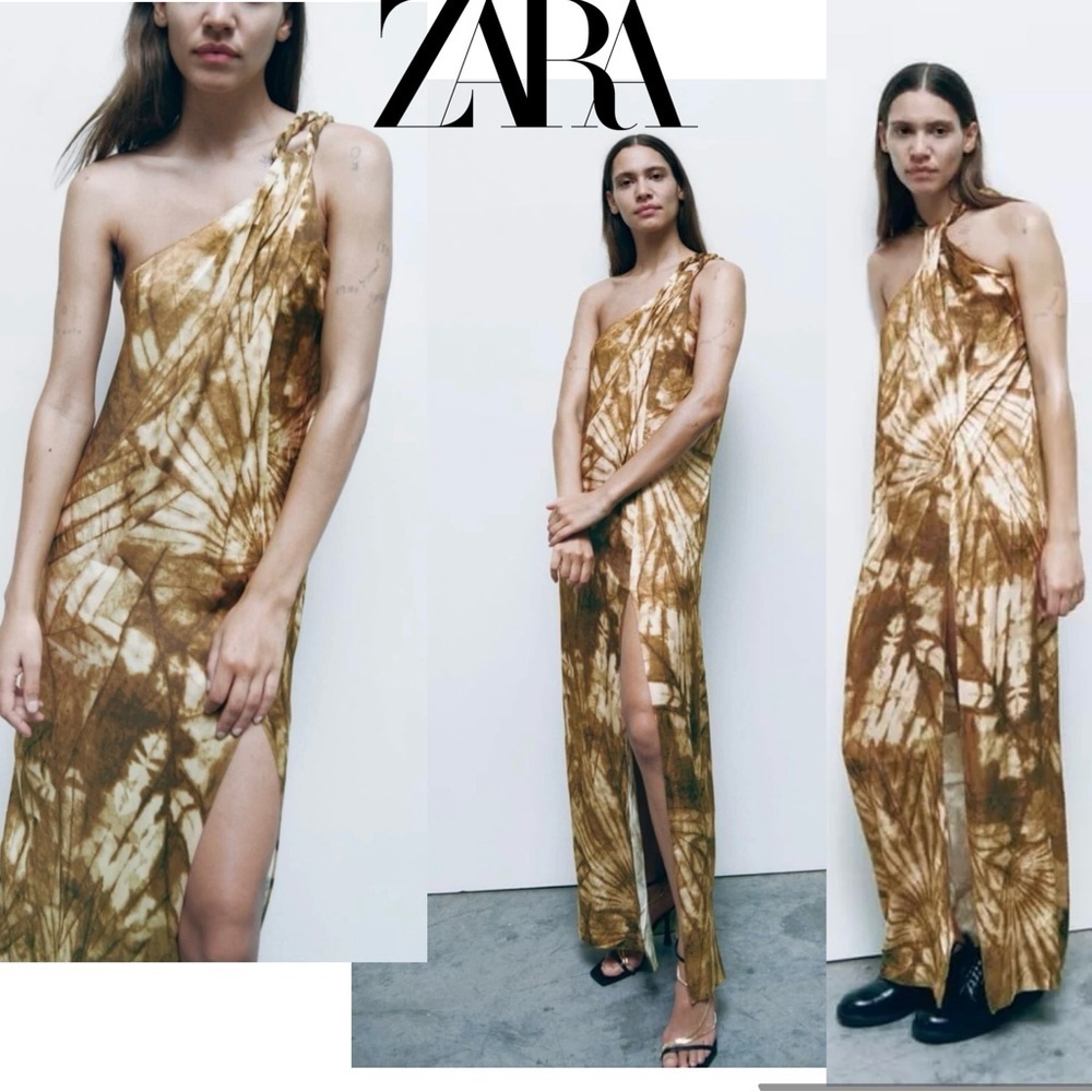 Zara khaki green tie-dye one shoulder maxi dress tropical bohemian vacation Sz L